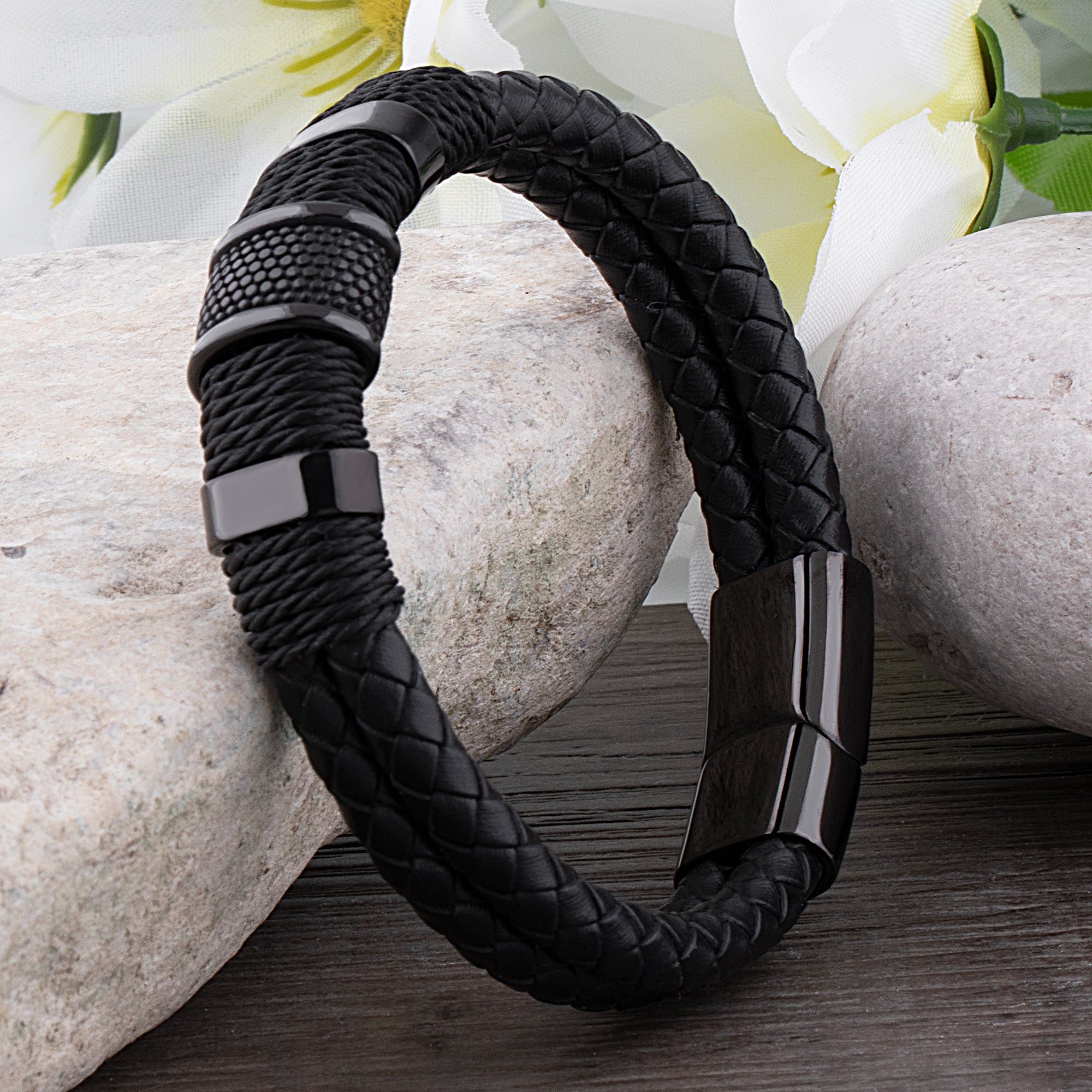 Men's Steel & Leather Multi-Strand Bracelet - SSLB117BK