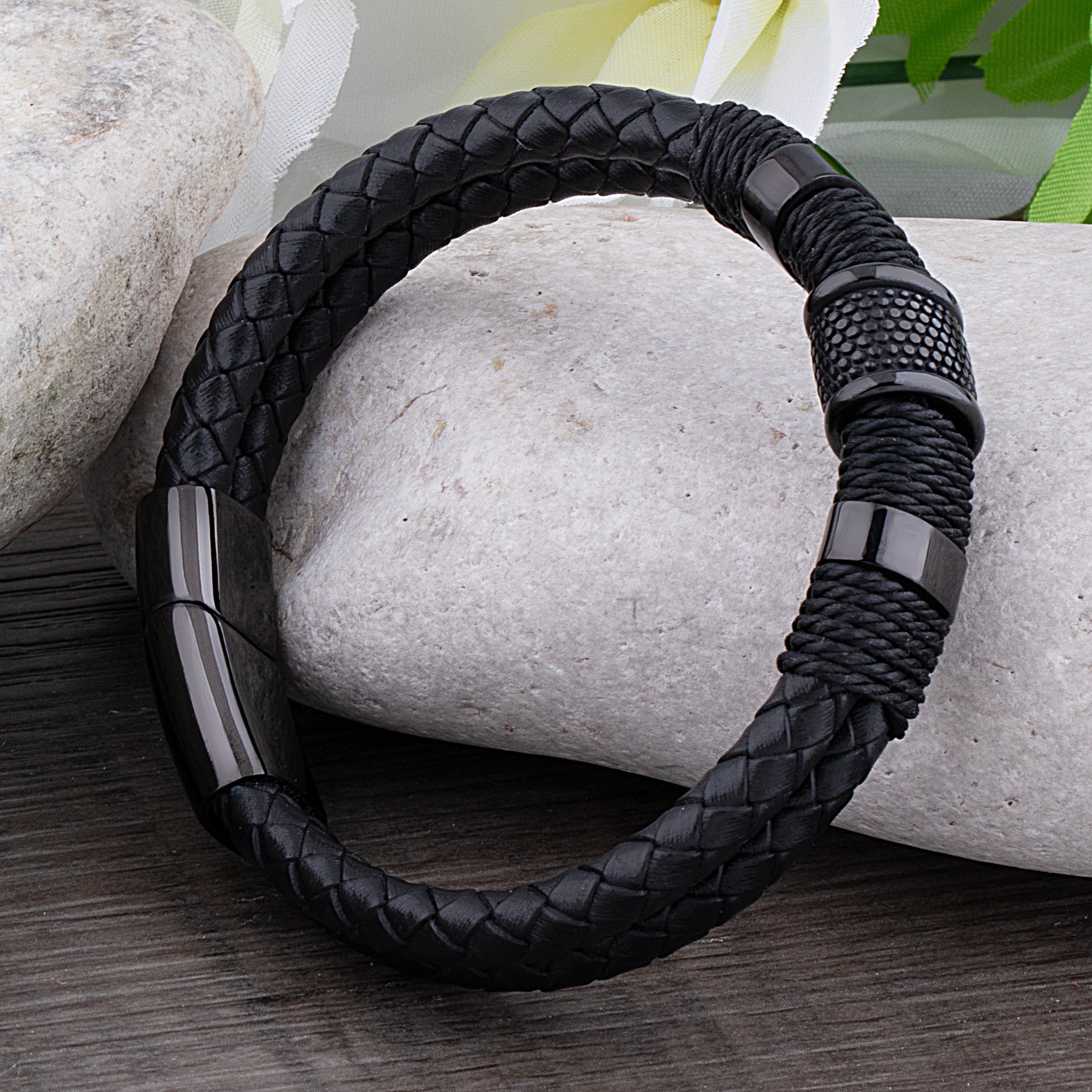 Mens Genuine Leather Braided Wristband Bracelet - Stainless Steel Bar - Black