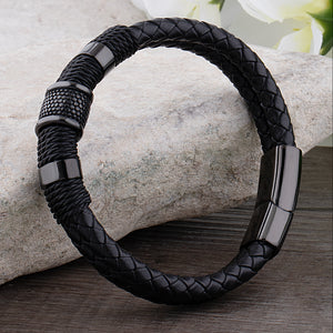 Black Stainless Steel & Braided Leather Men's Bracelet - SSLB023