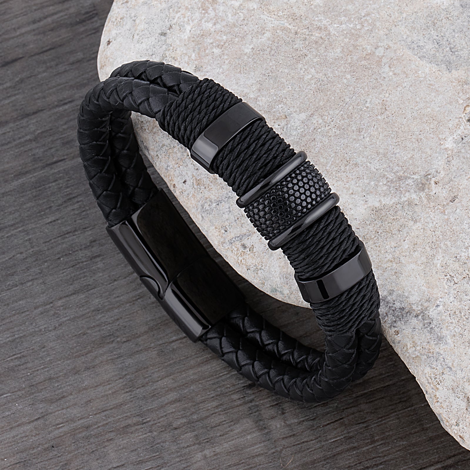  Black Stainless Steel & Braided Leather Men's Bracelet