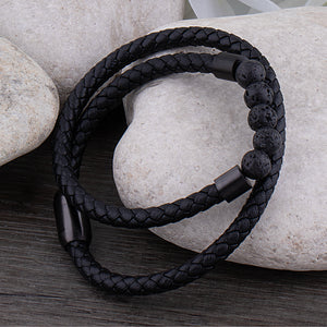 Black Stainless Steel Bracelet with Braided Leather and Lava Beads - SSLB025