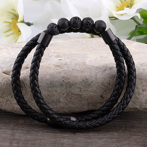 Black Stainless Steel Bracelet with Braided Leather and Lava Beads - SSLB025