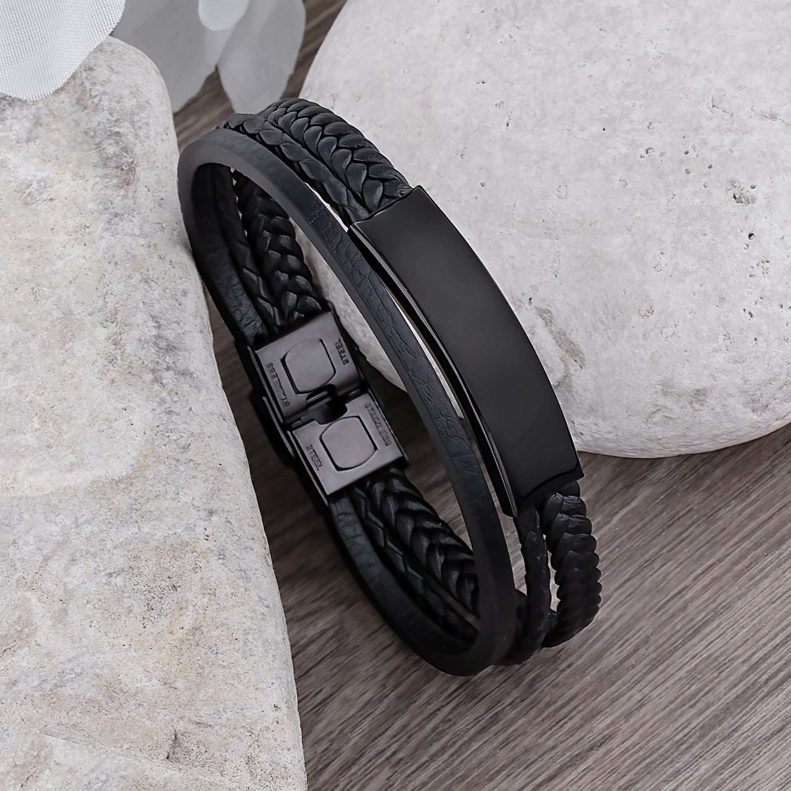 Men's Stainless Steel Black Leather Bracelet with Engraving Plate - SSLB005