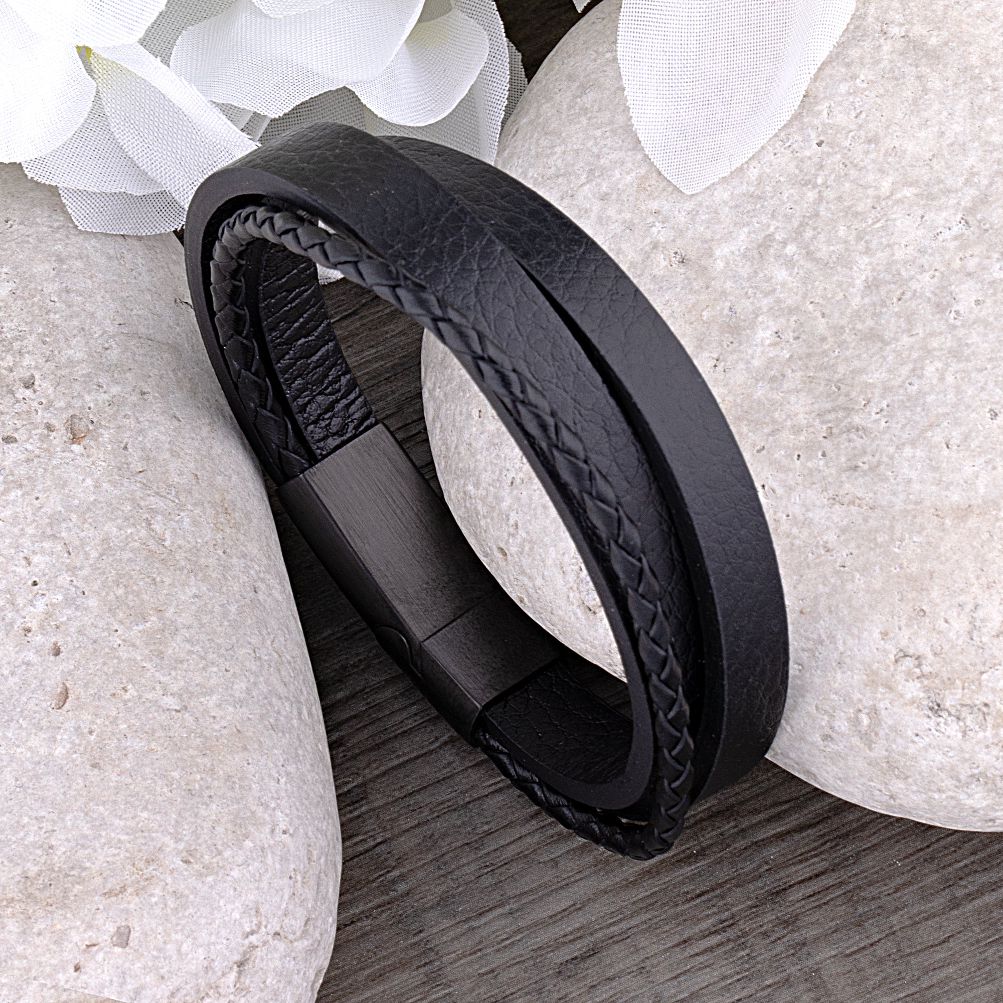 Men's Stainless Steel Black Braided Leather Bracelet