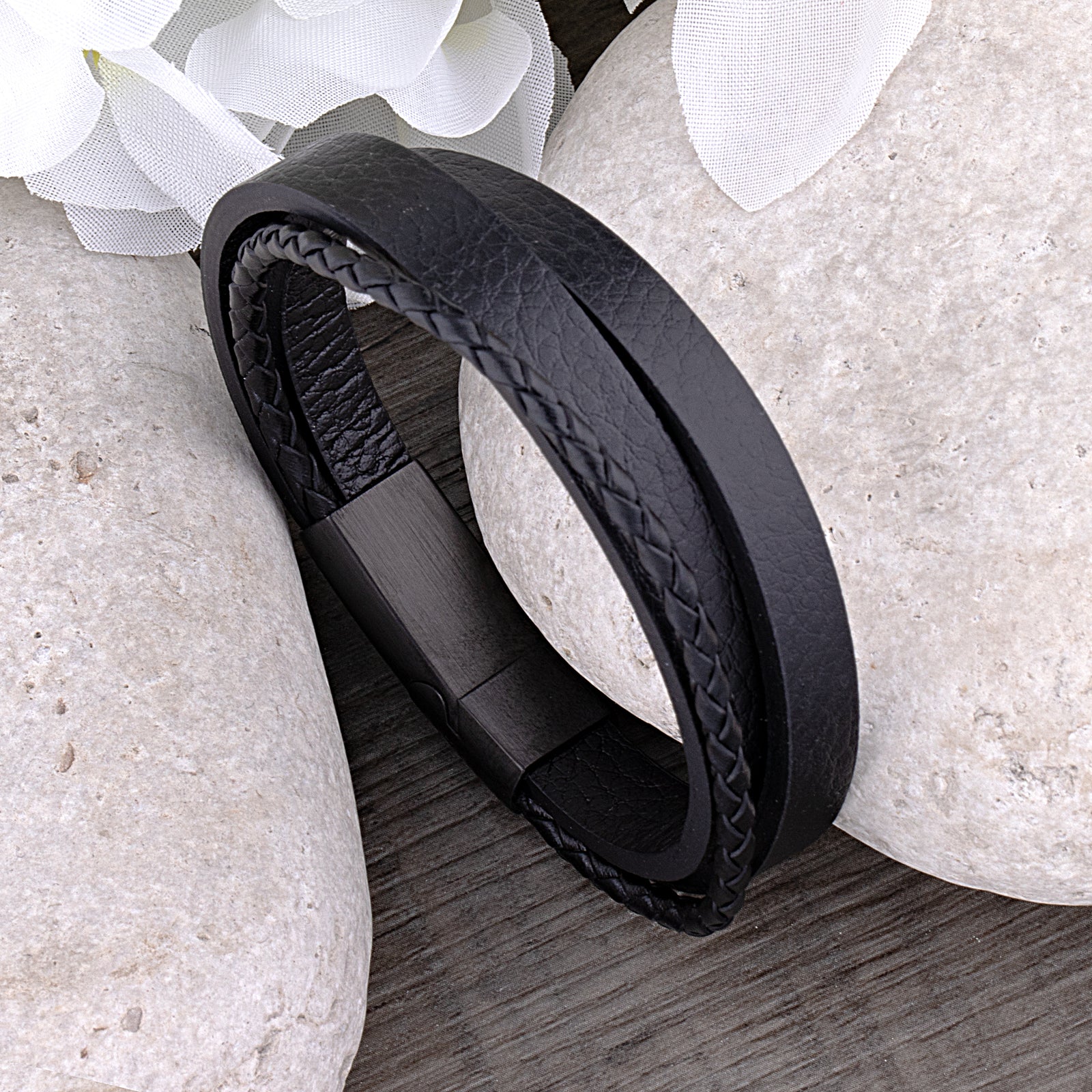 Men's Stainless Steel Black Multi-Strand Braided Leather Bracelet