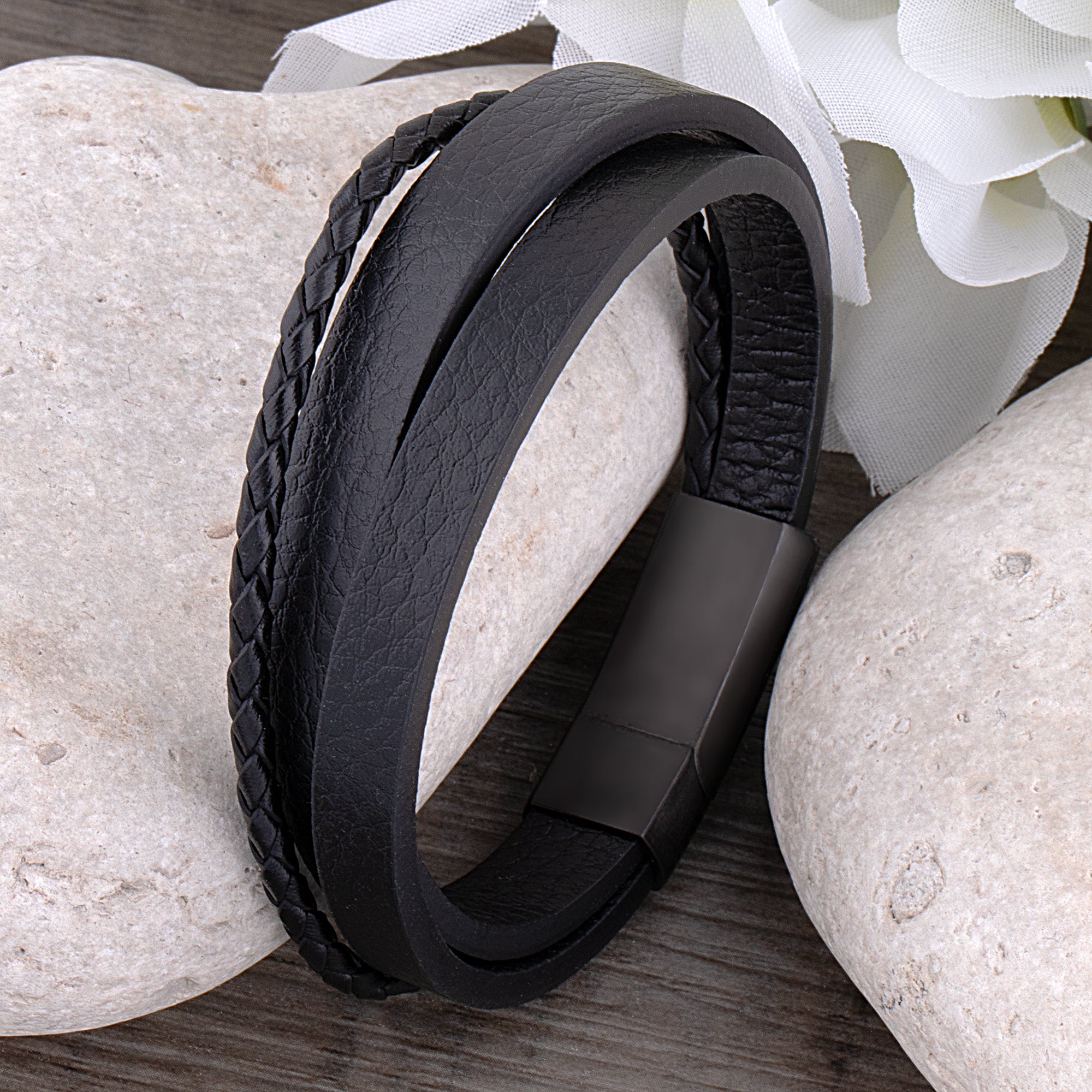 Men's Stainless Steel Black Braided Leather Bracelet