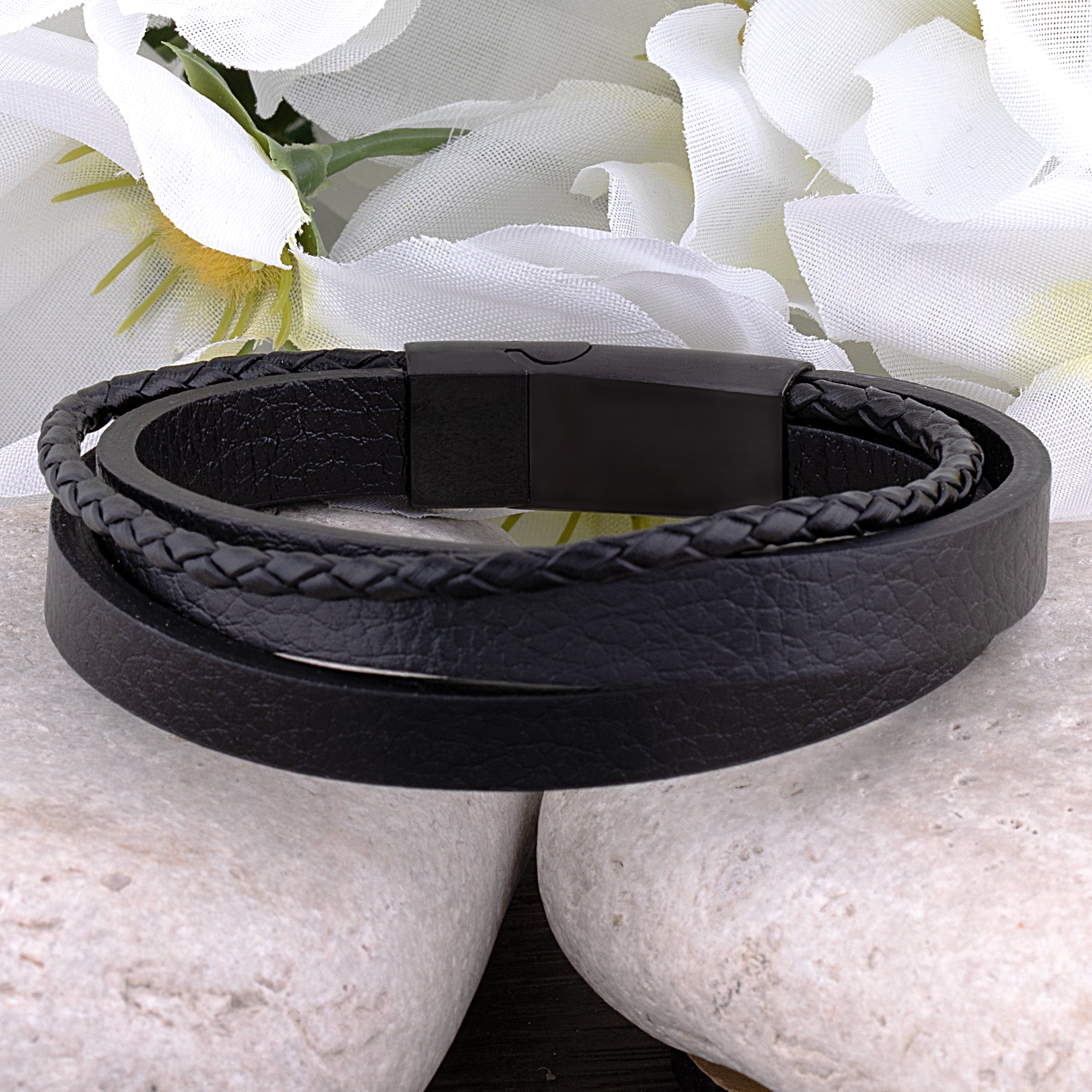 Men's Stainless Steel Black Braided Leather Bracelet