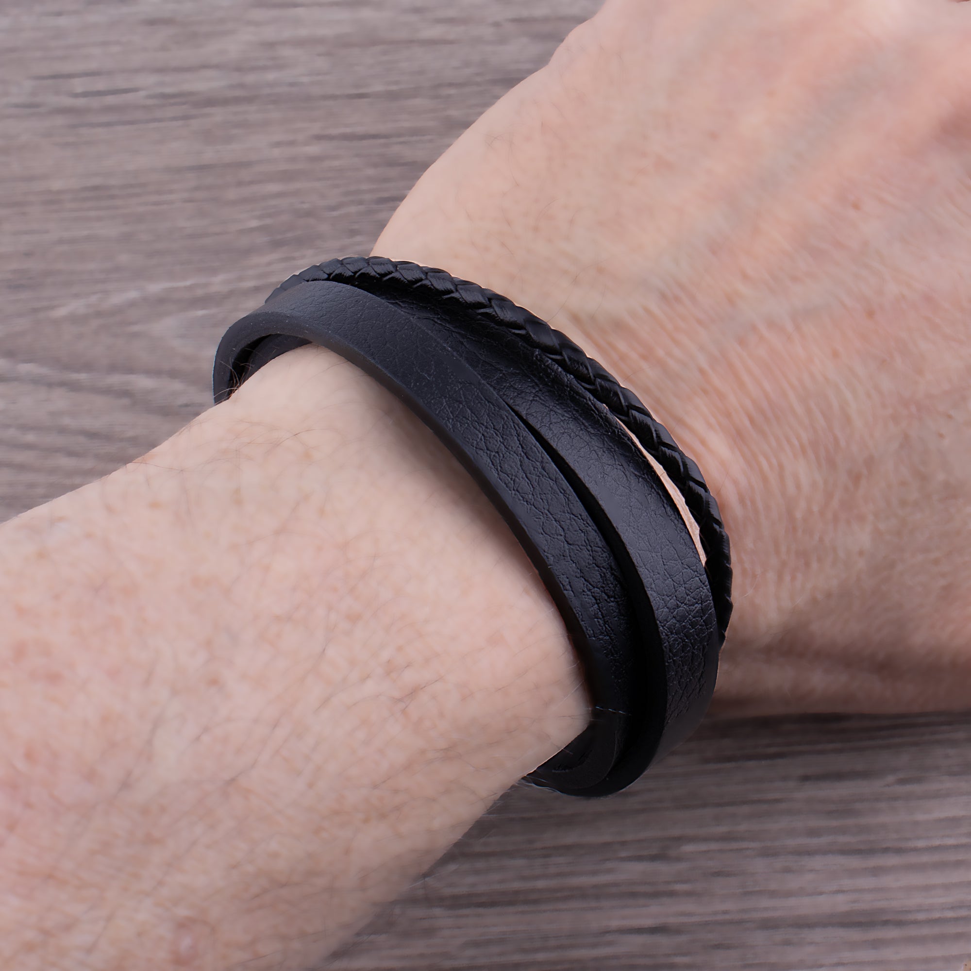 Men's Stainless Steel Black Braided Leather Bracelet