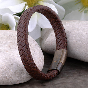 Men's Brown Leather Bracelet with Rustic Brass Clasp - SSLB094BW