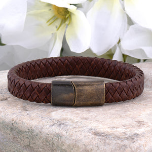 Men's Brown Leather Bracelet with Rustic Brass Clasp - SSLB094BW