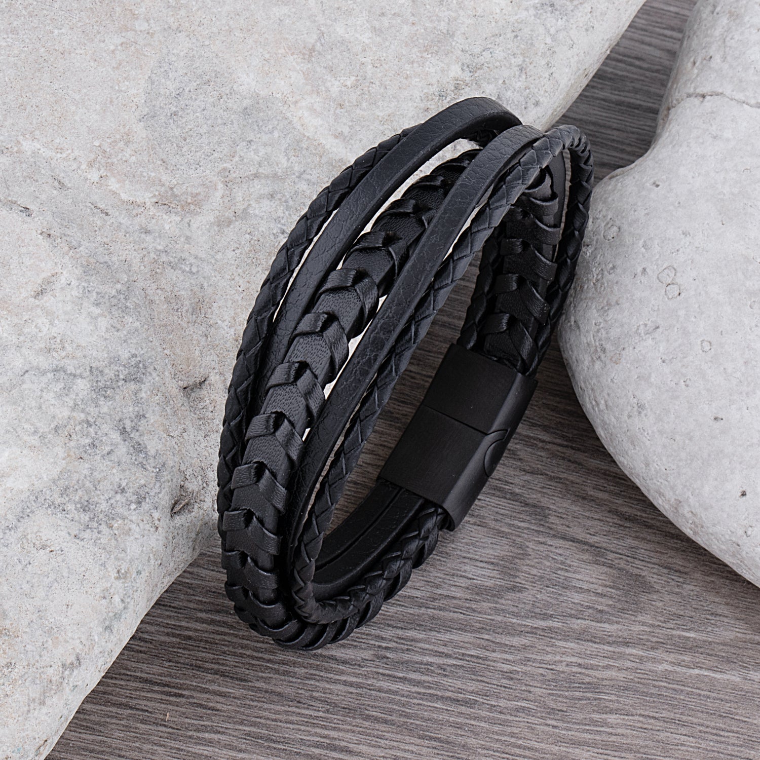  Multi-Strand Stainless Steel Black Men's Braided Leather Bracelet