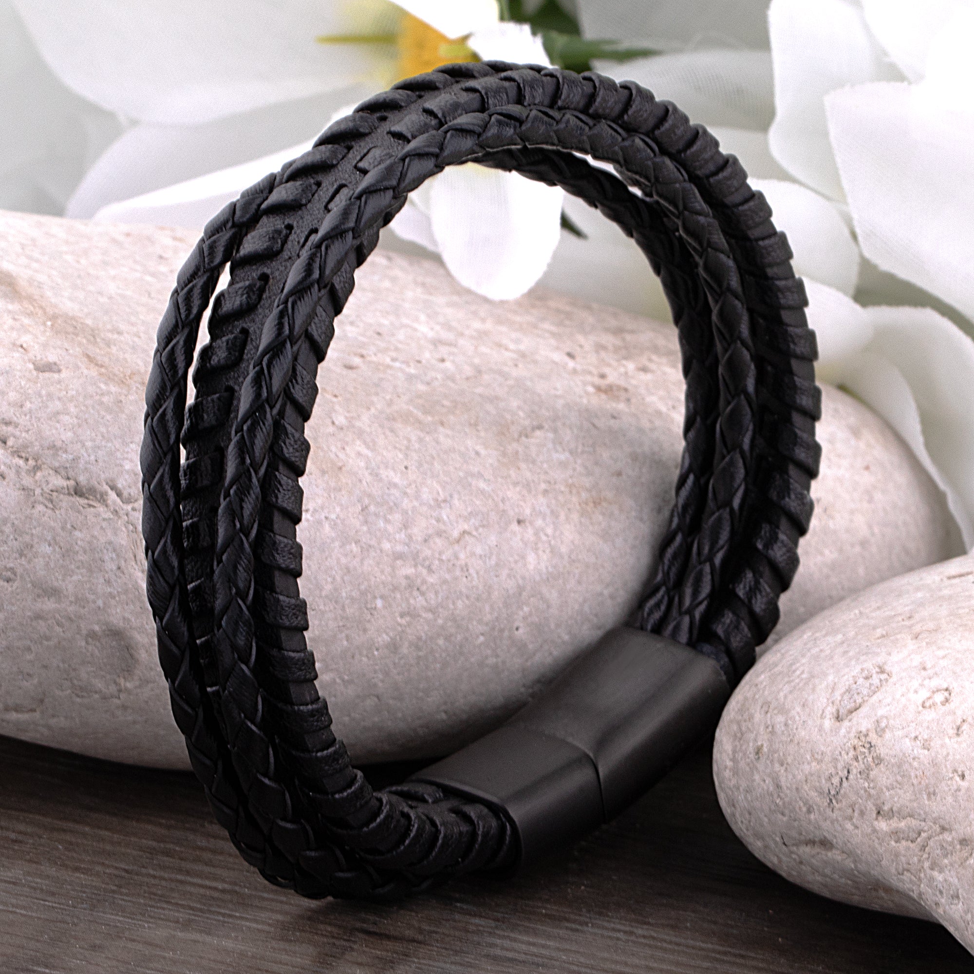 Men's Stainless Steel Black Braided Leather Bracelet