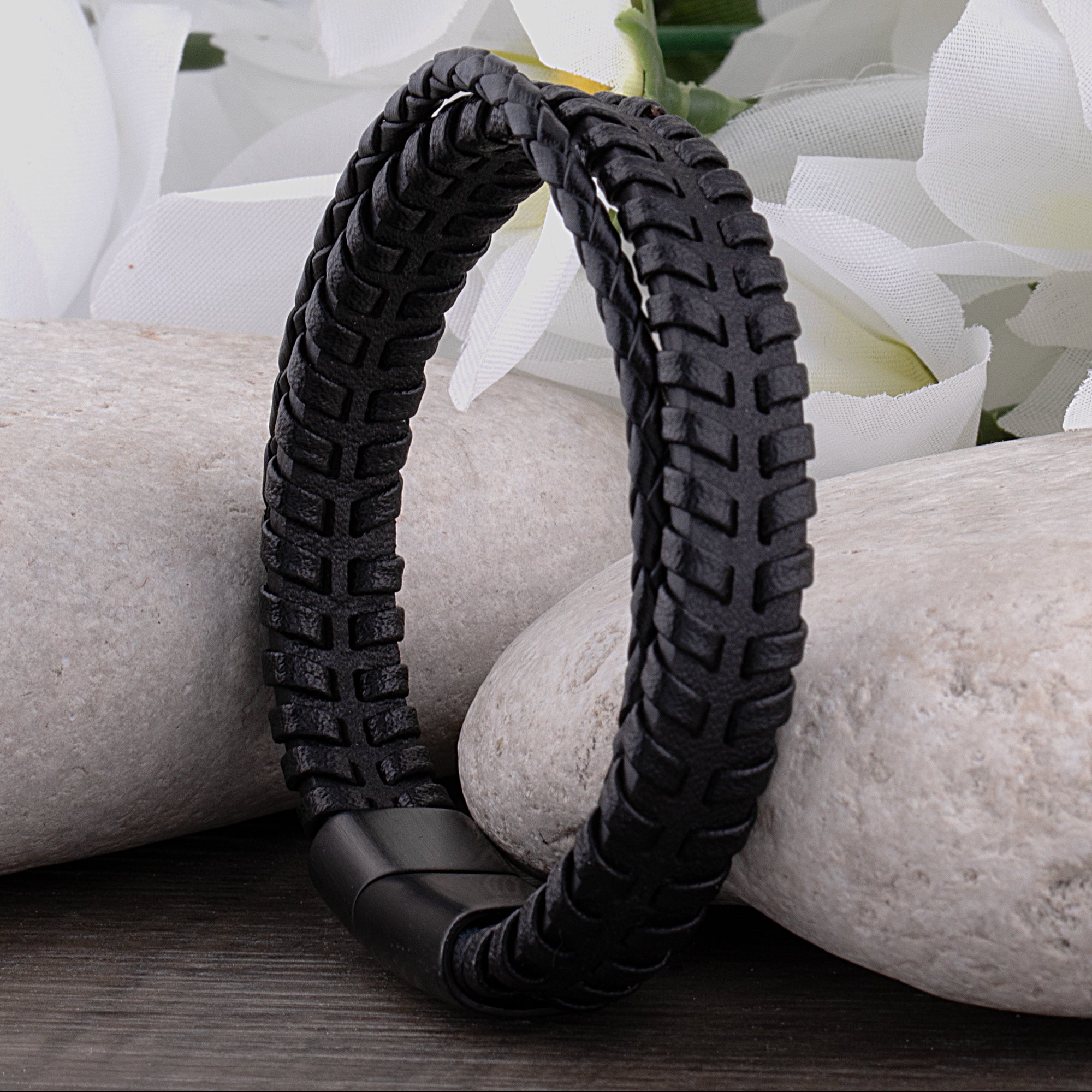 Men's Stainless Steel Black Braided Leather Bracelet