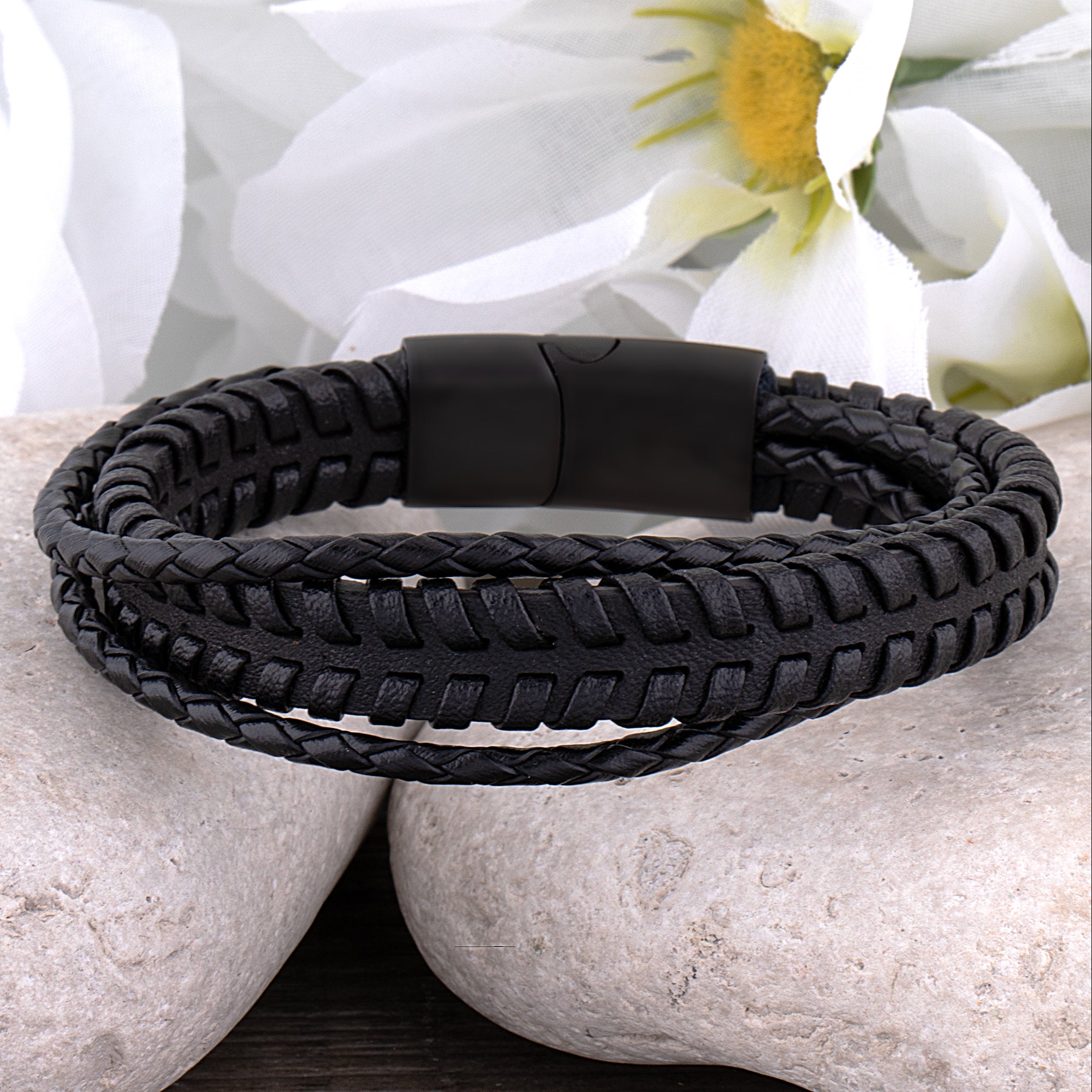 Men's Stainless Steel Black Braided Leather Bracelet
