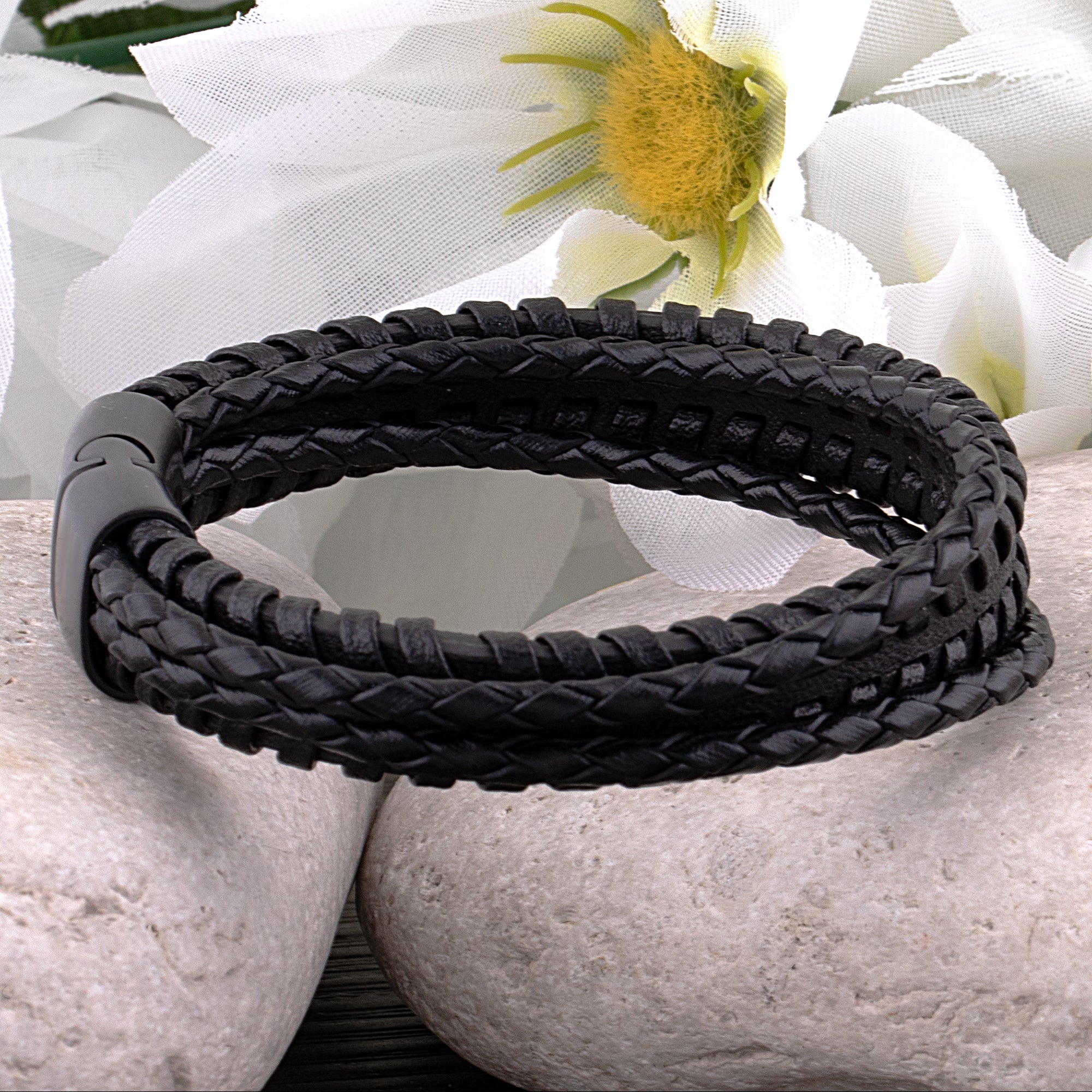 Men's Stainless Steel Black Braided Leather Bracelet