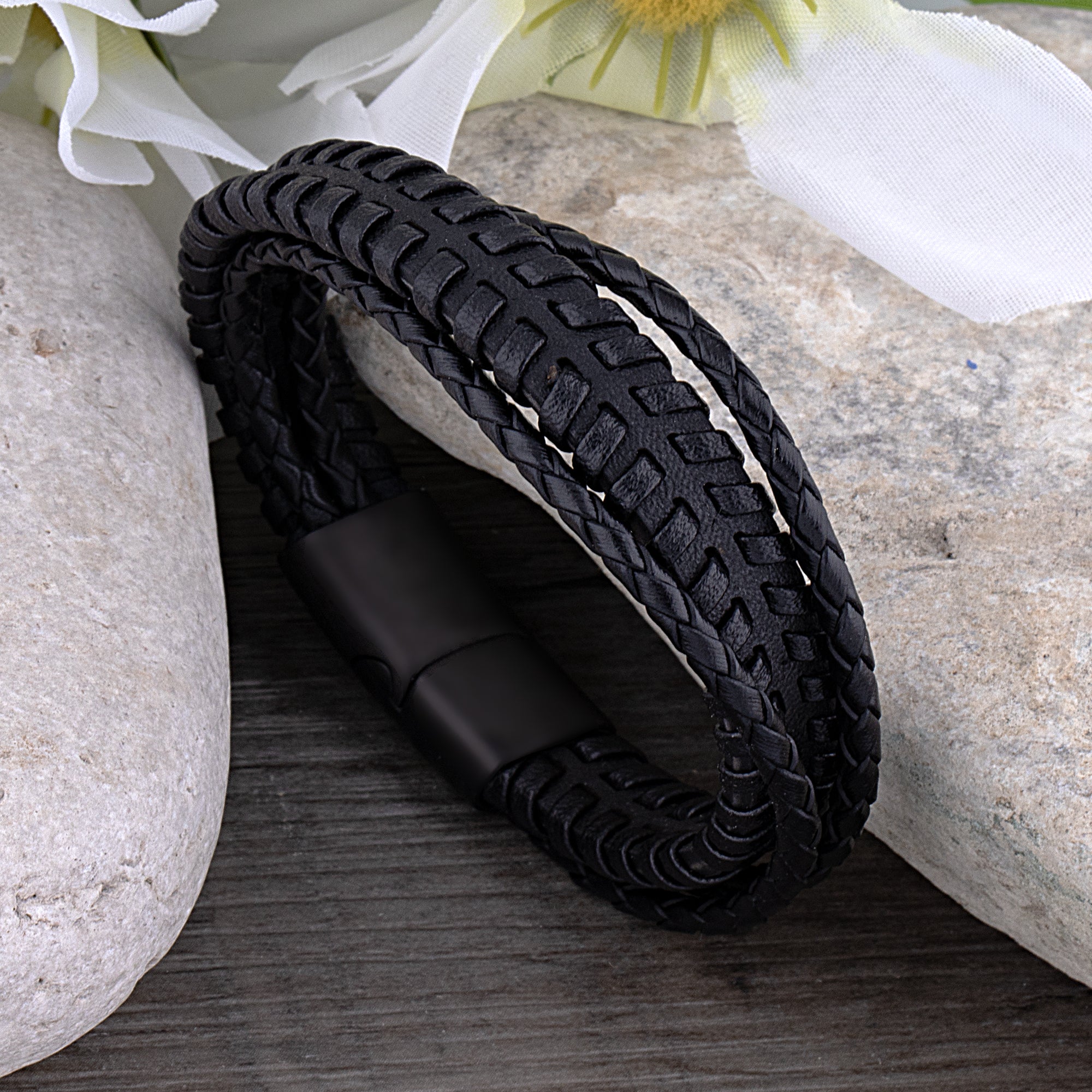 Men's Stainless Steel Black Braided Leather Bracelet