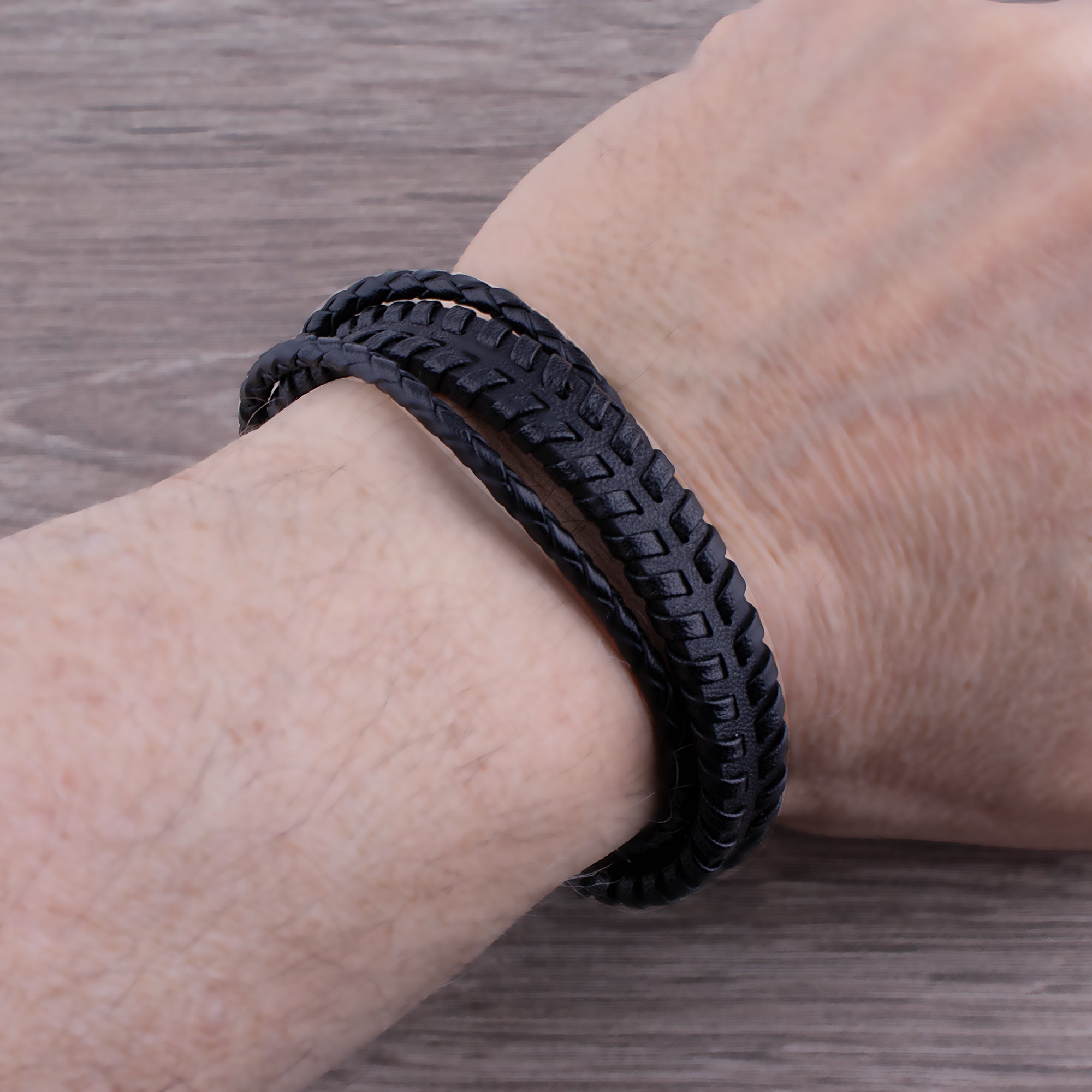 Men's Stainless Steel Black Braided Leather Bracelet