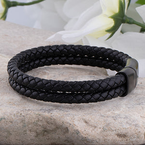 Men's Stainless Steel Black Double Row Braided Leather Bracelet - SSLB131
