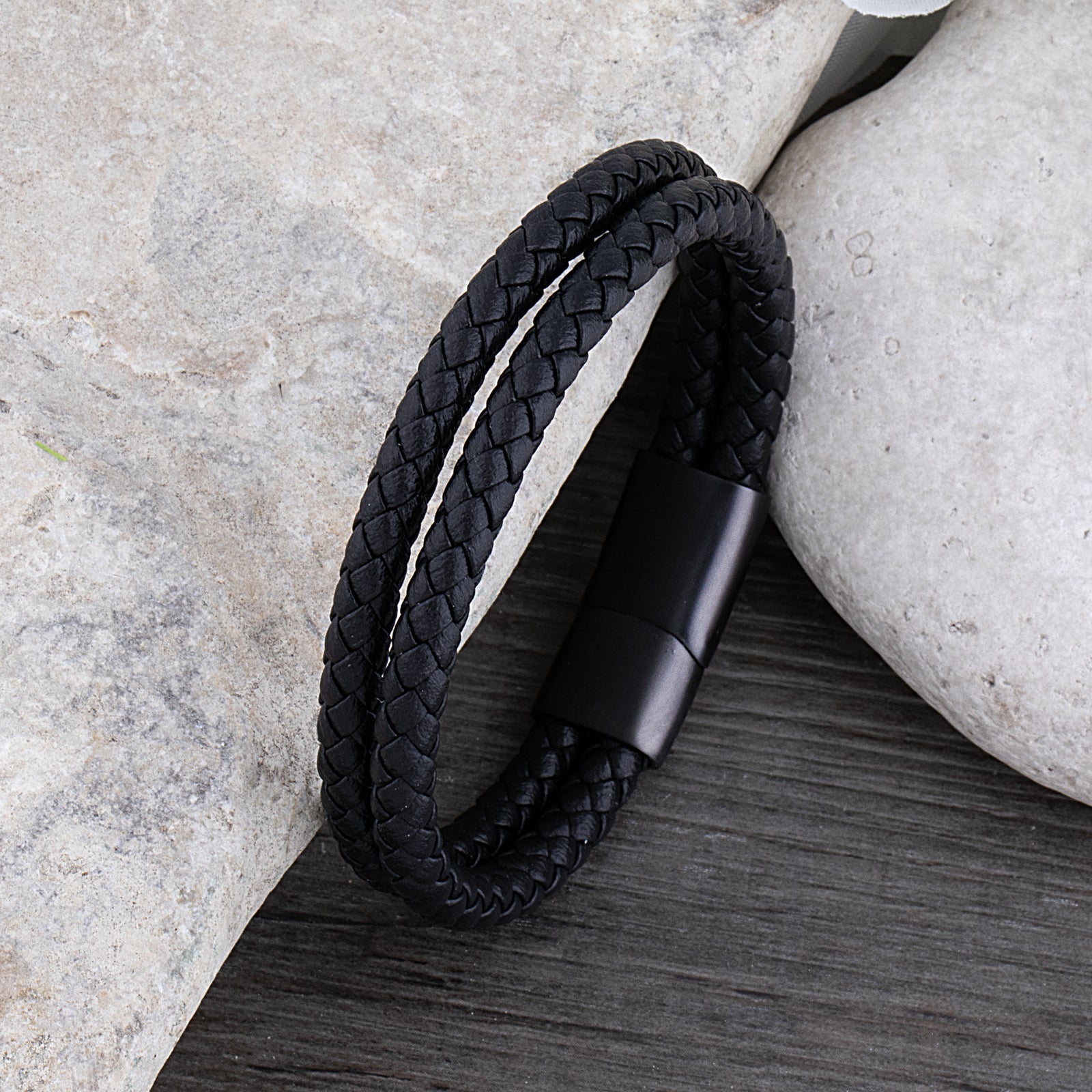 Men's Stainless Steel Black Double Row Braided Leather Bracelet