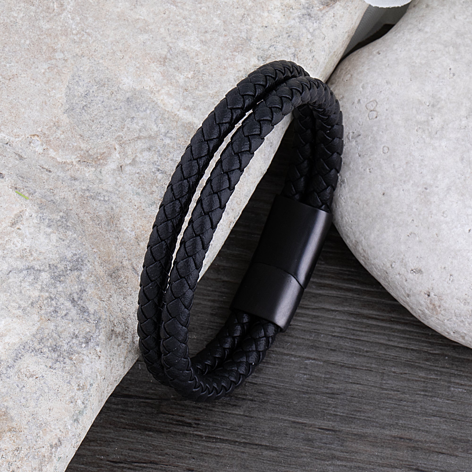 Men's Stainless Steel Black Double Row Braided Leather Bracelet - SSLB131