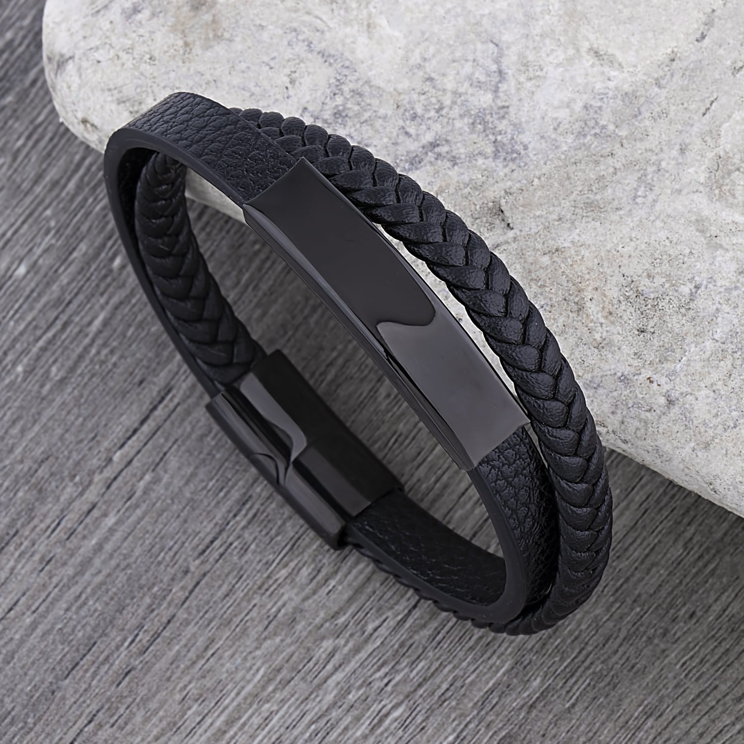  Men's Stainless Steel Black Leather Bracelet with Engraving Plate