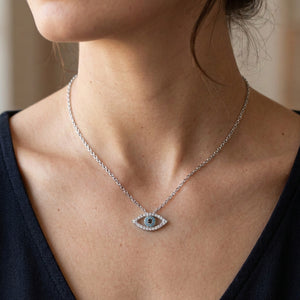 Sterling Silver Evil Eye Pendant Necklace with Cubic Zirconia - 16"+2" Extension - NTZ317
