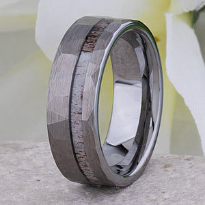Faceted Tungsten Ring with Deer Antler Inlay - 8mm Width - TCR009