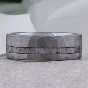 Faceted Tungsten Ring with Deer Antler Inlay - 8mm Width - TCR009