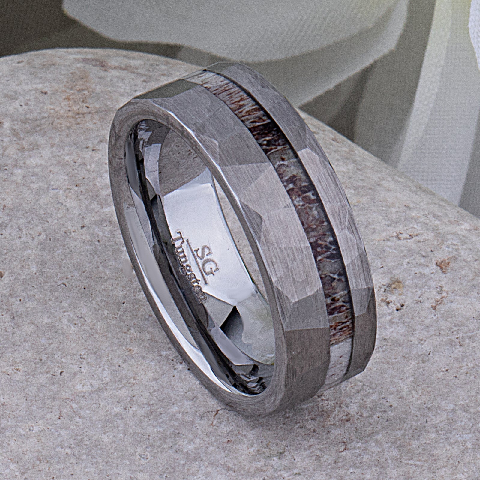 Faceted Tungsten Ring with Deer Antler Inlay - 8mm Width