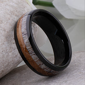 Black Tungsten Ring with Whiskey Barrel and Deer Antler Inlay - 8mm Width - TCR012