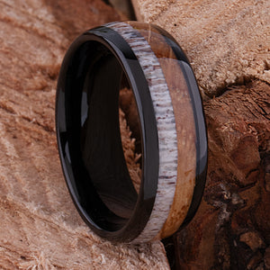 Black Tungsten Ring with Whiskey Barrel and Deer Antler Inlay - 8mm Width - TCR012