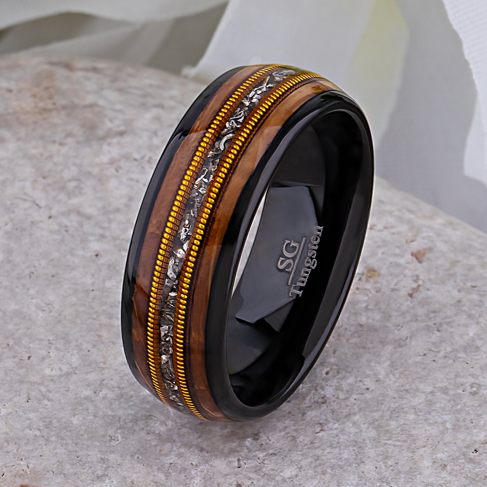 Black Tungsten Ring with Whiskey Barrel Wood, Meteorite and Guitar String - 8mm Width