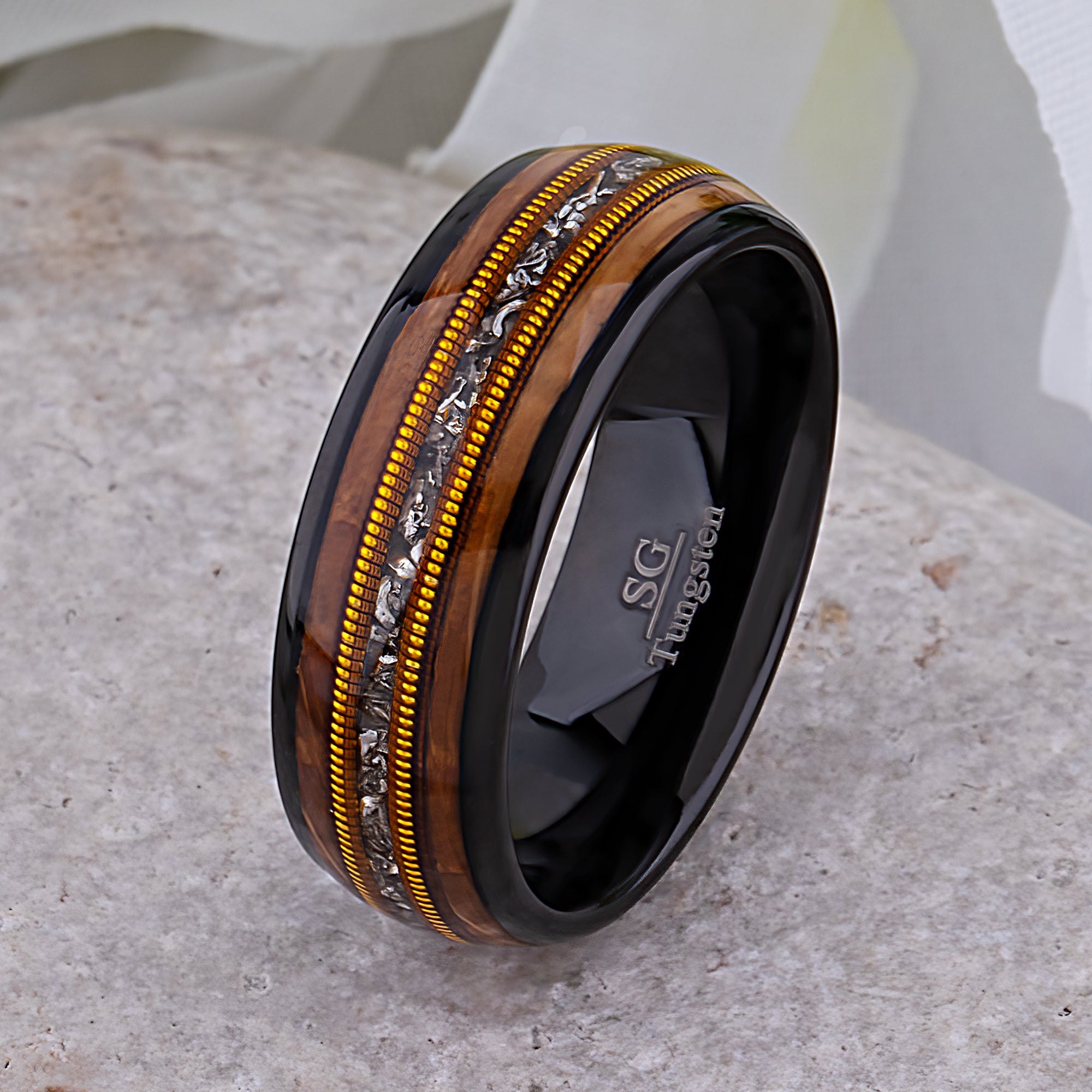 Black Tungsten Ring with Whiskey Barrel, Meteorite and Guitar String - 8mm Width - TCR017