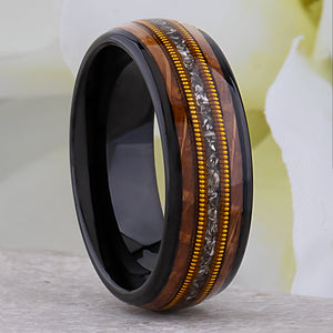 Black Tungsten Ring with Whiskey Barrel, Meteorite and Guitar String - 8mm Width - TCR017