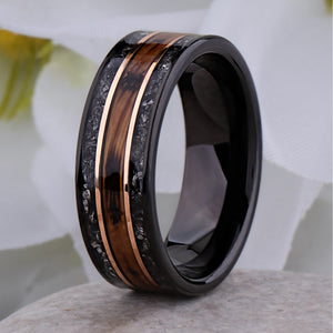 Whiskey Barrel and Meteorite Ring: Black Tungsten Wedding Band - 8mm - TCR018