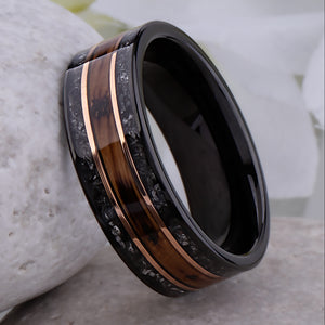 Whiskey Barrel and Meteorite Ring: Black Tungsten Wedding Band - 8mm - TCR018