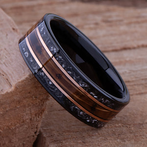 Whiskey Barrel and Meteorite Ring: Black Tungsten Wedding Band - 8mm - TCR018