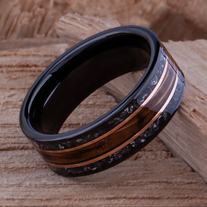 Whiskey Barrel and Meteorite Ring: Black Tungsten Wedding Band - 8mm - TCR018