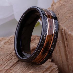Whiskey Barrel and Meteorite Ring: Black Tungsten Wedding Band - 8mm - TCR018