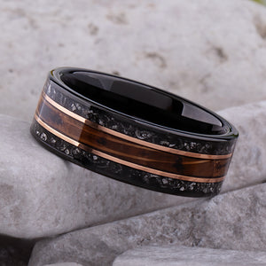 Whiskey Barrel and Meteorite Ring: Black Tungsten Wedding Band - 8mm - TCR018