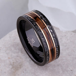 Whiskey Barrel and Meteorite Ring: Black Tungsten Wedding Band - 8mm - TCR018