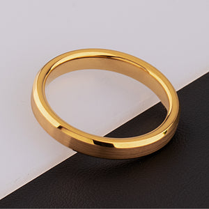 Yellow gold tungsten wedding ring with a brushed finish and polished beveled edges, elegant and modern.