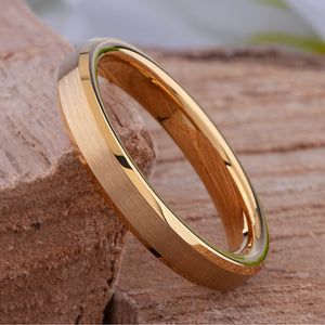 Yellow gold tungsten wedding ring with a brushed finish and polished beveled edges.