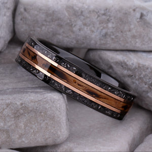 Whiskey Barrel Wood and Meteorite Black Tungsten Band - 6mm  - TCR025