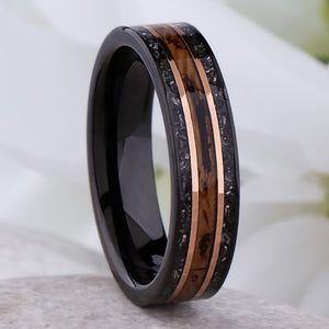 Whiskey Barrel Wood and Meteorite Black Tungsten Band - 6mm  - TCR025