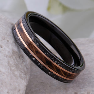 Whiskey Barrel Wood and Meteorite Black Tungsten Band - 6mm  - TCR025