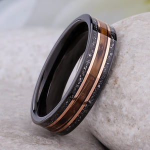 Whiskey Barrel Wood and Meteorite Black Tungsten Band - 6mm  - TCR025