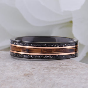 Whiskey Barrel Wood and Meteorite Black Tungsten Band - 6mm  - TCR025