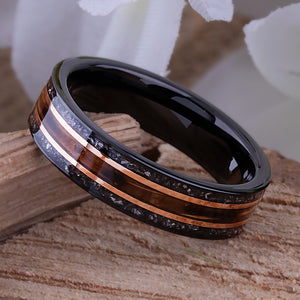 Whiskey Barrel Wood and Meteorite Black Tungsten Band - 6mm  - TCR025