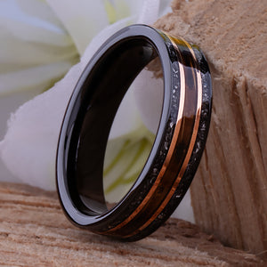 Whiskey Barrel Wood and Meteorite Black Tungsten Band - 6mm  - TCR025